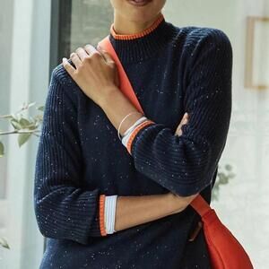 J.Jill Navy Speckled Mock Neck Sweater XL Orange Trim Cozy Knit